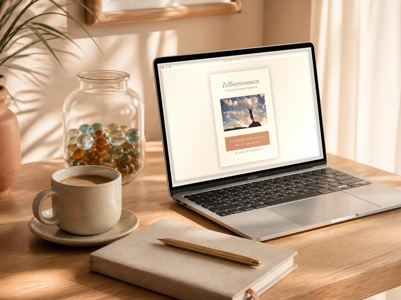 Bureau met laptop waarop de cover van het e-book Zelfvertrouwen staat, met koffie, notitieblok en een value jar